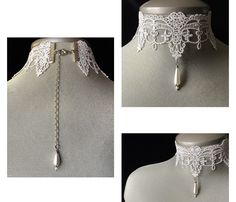 "Lace pearl choker! A very intricate, white lace choker! I have aded a beautiful teardrop pearl to the middle of the choker.... The perfect accessory for the \"Victorian\" and Vintage\" bride! To the back I have also added a 4\" extension chain...please message me if you would like this choker a little shorter or a little longer...I can also add to the extension chain.... This elegant choker can also be worn as a \"Graduation\" accessory with that perfect dress.... Please select if you would like this item gift wrapped....I will also include a quality card with your special message.... Thank you for taking time to browse my shop \"Veronica Rose Designs\"" Elegant White Choker With Pearl Drop, Formal White Choker With Pearl Drop, Delicate Pearl Drop Choker For Wedding, White Pearl Drop Choker, Formal White Pearl Drop Choker, Elegant White Pearl Drop Choker, Elegant White Crochet Lace Jewelry, Elegant Handmade Lace For Wedding, Elegant Handmade Wedding Lace