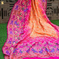 Pink & Orange Banarasi Pure Georgette Shaded Bandhani Saree - Khinkhwab Elegant Designer Wear Dupatta With Bandhani Print, Elegant Bandhani Print Dupatta For Designer Wear, Elegant Chanderi Saree With Bandhani Print, Elegant Art Silk Saree With Bandhani Print, Designer Pink Brocade Saree, Pink Brocade Saree For Designer Wear, Designer Chanderi Dupatta With Bandhani Print, Designer Multicolor Dupatta With Traditional Patterns, Elegant Bandhani Print Dupatta For Navratri