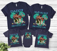 three matching shirts with the name and number of each child's birthday girl on them