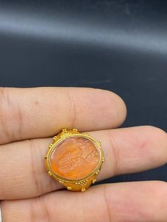 Very nice old ancient natural Carnelian engraved with 18k gold seal ring Gold Cameo Signet Ring Collectible, Gold Signet Ring With Cameo Collectible, Ancient Style Yellow Gold Signet Ring Gift, Antique Gold Engraved Ring With Intaglio, Antique Carved Yellow Gold Signet Ring, Antique Gold Carved Signet Ring, Victorian Gold Carved Signet Ring, Ancient Yellow Gold Intaglio Ring, Antique Gold Signet Ring With Intaglio