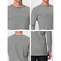 This long-sleeve T-shirt features a trendy contrasting stripe throughout for a casual, youthful look. A variety of colors are available for you to choose from. Made of soft, breathable fabric, these striped long sleeves make you feel comfortable. A classic, versatile long-sleeve tee that pairs easily with your jeans or slacks. Striped long sleeves are suitable for vacations, sports, school, work, dating, street shooting, and other occasions. Black Crew Neck T-shirt With Three Stripes, Black Three Stripes Crew Neck T-shirt, Cheap Crew Neck T-shirt With Striped Sleeves, Cotton Long Sleeve T-shirt With Striped Sleeves, Stretch Striped Long Sleeve T-shirt, Casual Tee, Striped Long Sleeve, Stripes Pattern, Sleeve Styles