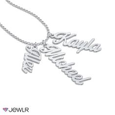 Personal and stylish, this dainty hanging name necklace design is a beautiful gift for yourself or someone you love. Featuring our Glamorous font, personalize yours with 1 to 3 meaningful name charms in your choice of sterling silver or white, yellow, or rose gold. Perfect on its own or layered with other necklaces, complete this necklace with a choice of chains to suit your style. Customizable Silver Jewelry Gift For Mom, Custom Name Silver Jewelry In Stainless Steel, Silver Stainless Steel Custom Name Jewelry, Silver Name Jewelry As Gift For Mom, Silver Name Jewelry - Gift For Mom, Personalized Silver Jewelry As A Gift For Mom, Anniversary Nameplate Necklace With Charms, Silver Nameplate Jewelry For Mom, Silver Nameplate Jewelry As Gift For Mom