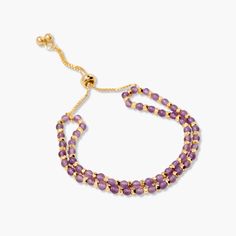 Wrist candy alert! Our Evette Gemstone Bracelet adds a touch of sparkle to any outfit with its custom birthstone beads and adjustable gold design. Treat yourself or someone special to this playful and versatile accessory! Available in 14k gold plated brass 3mm gemstone and facetted gold beads Size: 5" to 10" adjustable slider Protected with an anti-tarnish barrier NOTE - Bead color may slightly vary per the color chart. SKU: BYB1274 Adjustable Gold Beaded Bracelets With Gemstone, Resizable Yellow Gold Beaded Bracelets As Gift, Resizable Yellow Gold Beaded Bracelet As Gift, Adjustable Yellow Gold Beaded Bracelet, Adjustable Purple Bracelets For Anniversary, Adjustable Purple Bracelet For Anniversary, Elegant Beaded Bracelets With Adjustable Chain In Yellow Gold, Adjustable Gold Jewelry With Gemstone Beads, Adjustable Yellow Gold Gemstone Beaded Bracelets