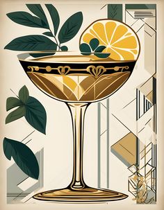 an illustration of a martini glass with lemons and leaves in it on a beige background