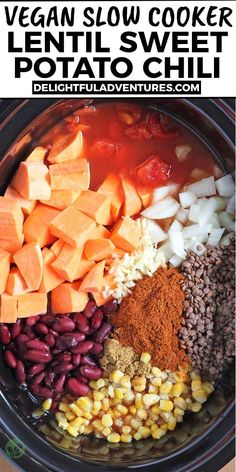 the ingredients for vegan slow cooker lentil sweet potato chili in a crock pot