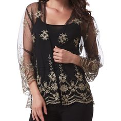 Simply Couture Floral Lace Open Cardigan. This Beautiful And Delicate Lace Lends Dainty Feminine Charm To This Gauzy Open Cardigan, Which Features A Dreamy Sheer Construction And Is Embellished With A Scalloped Lace Hem. The Beautiful Detail Was Made With A Gold Thread. Dress Up Your Favorite Little Black Dress With This Gorgeous Cardigan And Be Ready To Party. Please Refer To The Sizing Chart To Find The Right Size For You. Use The Offer Button For Reasonable Offers. 100% Polyester Fall Shrug For Night Out, Elegant Spring Cardigan For Night Out, Elegant Cardigan For Night Out In Spring, Elegant Open Front Layering Shrug, Elegant Open Front Shrug For Layering, Summer Evening Long Sleeve Cardigan, Elegant Fall Layering Shrug, Elegant Black Festive Tops, Elegant Fall Shrug For Layering