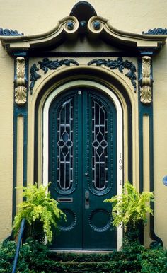 a green door with two planters in front of it