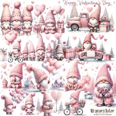 valentine's day digital clipart set with pink gnomes and heart shaped balloons