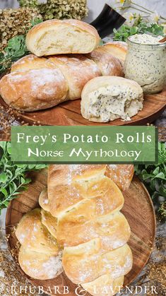 there are many different types of breads on this plate with the words fry's potato rolls noise mythology