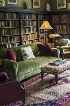 a living room filled with furniture and bookshelves covered in lots of bookcases