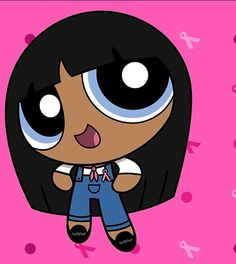 a cartoon character with big eyes and black hair, wearing overalls on a pink background