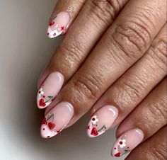 Biab Nail Art Almond, Almond Valentines Day Nails, Ideas Uñas, 2024 Nails, Cherry Nails, French Acrylic Nails