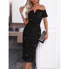 Step Into The Spotlight With Our Black Bodycon Dress, Designed To Make Every Evening Unforgettable. This Striking Midi Dress Features A Classic Black Hue And A Flattering Bodycon Silhouette That Accentuates Your Curves With Elegance. Crafted From Sequins With A Slight Stretch, It Ensures Both Comfort And A Dazzling Shimmer. The Off-The-Shoulder Neckline And Short Sleeves Provide A Sophisticated Look, While The High Waist And Pencil Hem Shape Beautifully Enhance Your Figure. A Playful Split Detai Glamorous Sheath Midi Dress For Night Out, Glamorous Sheath Midi Dress For Party, Elegant Bodycon Sequin Dress For Holiday Party, Holiday Evening Bodycon Midi Dress, Glamorous Knee-length Bodycon Evening Dress, Glamorous Knee-length Bodycon Dress For Evening, Elegant Knee-length Bodycon Dress For Holiday Party, Elegant Knee-length Sequin Dress For Night Out, Chic Fitted Evening Dress For Holiday Party