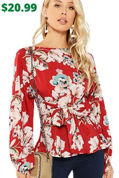 Long Cap Sleeve, Round Neck, Floral Print, Knot Suit for daily wear, work and so on Red Floral Top, Knotted Blouse, Elegant Blouses, Spring Women, Spring Shirts, Floral Print Blouses, Print Blouse, Boho Tops