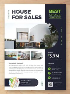 a house for sale flyer is shown on a wooden surface with a green and white design