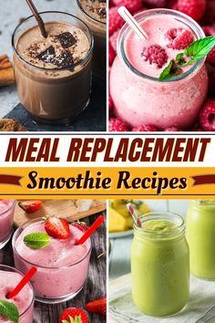 collage of different smoothie recipes with strawberries and raspberries in them