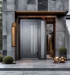 an entrance to a modern building with two doors