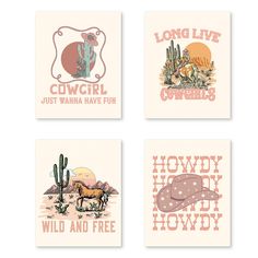 four postcards with wild and free designs in pink, white, and orange colors