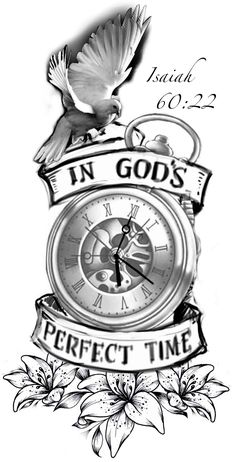 a clock with the words in god's perfect time and a dove flying above it