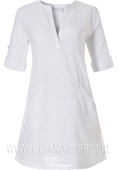 Pastunette Beach 'sophisticated beach' pure white tunic-style, 'v' neck cotton beach cover-up shirt with an optional turn-up sleeve with buttons and two front pockets White Sundress, White Tunic, Dress 100, Pure White