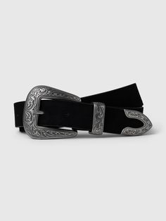 This belt is made with a suede leather upper.  Western-style buckle.  For more fit and sizing info, check out our Size Guide.  Width: 1. 18 Length Size S): 39" Black Belt With Silver Buckle, Professional Dress, Street Fashion Men Streetwear, Men Streetwear, Western Belt, Western Belts, Professional Dresses, Belt Black, Mens Streetwear