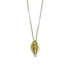 Textured and folded, this small seed pod shape tipped by 3 diamonds set in gold is sparkly unique necklace. This necklace is solid 14kt yellow gold. Seed Pod, Handmade Gold Jewellery, Diamond Chain, Seed Pods, Unique Necklace, Yellow Gold Chain, Diamond Set, Unique Necklaces, 14kt Gold