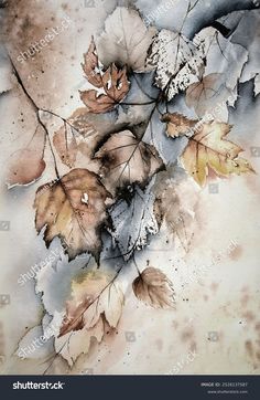 watercolor painting with leaves and snow on the ground stock photo edit to be used in this