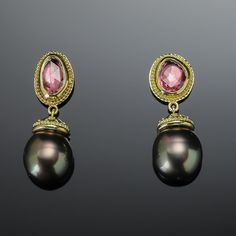 Pink Sapphire & Tahitian Black Pearl Earrings Elegant Oval Tourmaline Earrings, Luxury Yellow Gold Tourmaline Earrings, Luxury Tourmaline Yellow Gold Earrings, Elegant Gold Tourmaline Earrings, Luxury Tourmaline Earrings As Gift, Luxury Tourmaline Earrings For Gift, Luxury Gold Tourmaline Earrings, Elegant Tourmaline Earrings For Formal Occasions, Elegant Tourmaline Earrings With Gemstone Accents