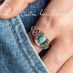 "Personalized Antique silver horseshoe/ turquoise  ring/Unique couple rings/best friend good luck ring 🐎The shape of a horseshoe is a symbol of good luck, wishing good luck to surround you  and protect you from evil and negative energies.  Pair it with turquoise, which represents wisdom, protection, and good luck, to add the most sincere blessings to your gift. ✔Custom engraved ring  We can engrave up tp 15 letters inside the horseshoe ring. ✔Name ✔Initials ✔ Good luck  etc. It makes a perfect Horse Shoe Ring, Crystal Falls, Horseshoe Ring, Horse Shoes, Custom Horse, Travel Jewelry Box, Ring Turquoise, Anniversary Gifts For Couples, Horse Shoe