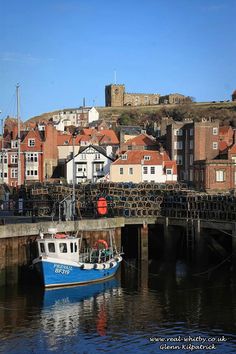 a blue and white boat in the water next to some buildings on a hill side