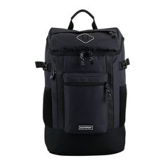 the back pack is black and has two zippers on one side, and an external compartment