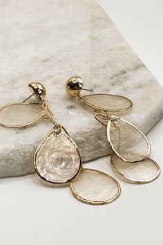 Close up of Zoey Opal Teardrop Dangle Earrings, gold chain link dangle earrings with opal teardrop medallions. Summer Dresses Shoes, Delicate Gold Chain, Faux Leather Purse, Studded Necklace, Teardrop Dangle Earrings, Faux Leather Belts, Visual Display, Chain Links, Ethereal Beauty