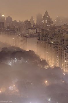 an aerial view of city lights and fog in the distance, with skyscrapers on either side