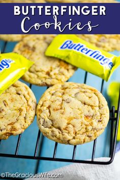 butterfingered cookies cooling on a rack with the words butterfingerer cookies above them