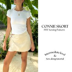 a woman in a white shirt and skirt posing for a magazine cover with the title connie short pdf sewing pattern