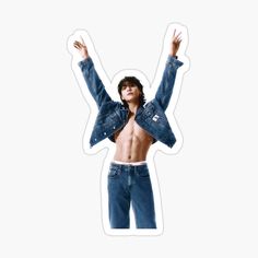 a shirtless man with his hands up in the air sticker on a white background