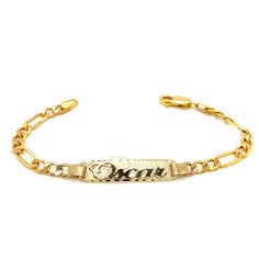 Cherish the Moment with our 14k Yellow Gold Kids and Baby ID Bracelet: Crafted in the timeless Solid Wide Figaro Link style, this bracelet is a symbol of Elegance and Love. We believe in the power of personalization. Your child's name is expertly cut from solid 14k Gold and elegantly overlaid on the bracelet, creating a one-of-a-kind accessory. Additionally, you have the option to engrave a significant date on the back of the nameplate, transforming this bracelet into a cherished keepsake.  Whet 14k White Gold Promise Bracelets, Adjustable 14k Gold Hallmarked Bracelet, Fine Jewelry White Gold Promise Bracelet, White Gold 14k Promise Bracelets, White Gold 14k Promise Bracelet, Adjustable 14k Gold Bracelet Hallmarked, Symbolic 14k Gold Bracelet For Gifts, Formal White Gold Bracelets With Hallmarks, Luxury Name Bracelet For Anniversary