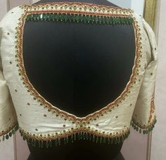 Hangings Blouse Designs, Beats Blouse Design, White Blouse Hand Work Design, Blouse Back Thread Designs, Blouse Hangings For Hands, Hanging Beads Blouse Design, Blouse Back Hanging Designs, Blouse Beads Work Simple, Blouse Hangings Designs