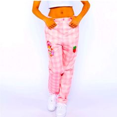 Vintage,Old School Cutie Strawberry Shortcake Pants In Lovely Pinks & Red Size M Nwt Cute High Waist Cotton Pants, Cute High Waist Pants For Spring, Cute Relaxed Fit Cotton Bottoms, Cute Cotton Bottoms With Pockets, Cute Pink Pants For Spring, Cotton Pants For Summer Pajama Party, Cute Pink Bottoms With Pockets, Cute Summer Pants With Pockets, Cute Pink Pants With Pockets