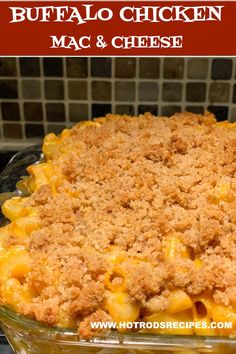 a casserole dish filled with macaroni and cheese