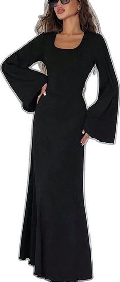 Stretch Long Sleeve Dress For Evening, Long Sleeve Fall Evening Midi Dress, Fall Evening Midi Dress With Long Sleeves, Fall Long Sleeve Evening Midi Dress, Long Sleeve Stretch Midi Evening Dress, Stretch Long Sleeve Maxi Dress For Dinner, Solid Color Long Sleeve Maxi Evening Dress, Solid Long Sleeve Maxi Dress For Party, Solid Long Sleeve Maxi Dress For Evening