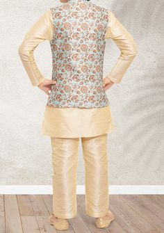 Ready-Made Kurta, and Waistcoat With Trouser. Jacquard Brocade Fabric Waistcoat Dupion kurta and Aligarhi Ready Made Trouser. Crafted in Chinese Collar Neck, and Full Sleeve. Satin Lining with Plain Work. High-Quality Matching Buttons. Please Note: The footwear shown in the picture is for presentation and photography purposes only. Color: There might be slight color variation due to lighting and flashes while the photo shooting. The color may also vary because of different screen resolutions. Wa Fitted Straight Kurta Nehru Jacket For Transitional Seasons, Multicolor Sleeveless Kurta For Festive Occasions, Festive Multicolor Sleeveless Kurta, Fitted Multicolor Nehru Jacket For Eid, Winter Nehru Jacket With Zari Work, Fitted Bollywood Nehru Jacket For Winter, Bollywood Style Fitted Nehru Jacket For Winter, Fitted Bollywood Style Sleeveless Nehru Jacket, Fitted Sleeveless Bollywood Nehru Jacket