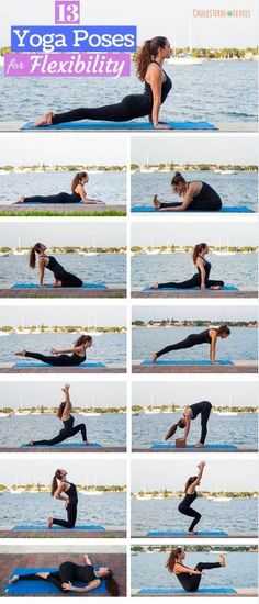 a woman doing yoga poses with her hands in the air and one leg bent out