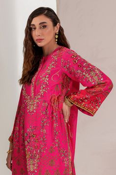 Designer Long Sleeve Chinon Embroidered Fabric, Festive Diwali Embroidered Dress With Dupatta, Elegant Dabka Embroidered Fabric For Festive Occasions, Festive Embroidered Dress With Dupatta For Diwali, Chinon Embroidered Fabric For Designer Wear, Pink Cambric Traditional Wear, Festive Lawn Suit With Intricate Embroidery For Eid, Silk Traditional Wear With Floral Embroidery For Festive Occasions, Eid Chanderi Dress With Dabka Embroidery