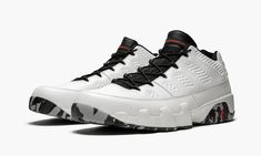 The Air Jordan 9 Retro Low “Jordan Brand Classic” was created specifically for basketball players who played in the annual high school all-star game. In 2016, the players laced up this edition, which features an all-white leather upper with black accents and a unique black and grey marbled outsole. The Jordan Brand Classic is a celebration of the next generation of basketball stars, as the showcase highlights the top high school talent in the country. Jordans Low, Jordans Air, Air Jordan 9 Retro, Jordan Style, New Jordans Shoes, Jordan 9 Retro, Air Jordan 9, Jordan 9, Buy Jordans