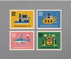 four postage stamps with different types of animals and ships on them, all in different colors