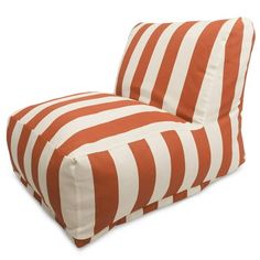 an orange and white striped chair on a white background with the seat cushion folded down