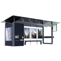 an outdoor kiosk with pictures on the side and windows above it, in front of a white background