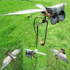 four different pictures of an owl sculpture in the grass, with wings spread out to fly