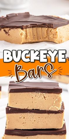 three pieces of peanut butter fudge bar stacked on top of each other with the words,